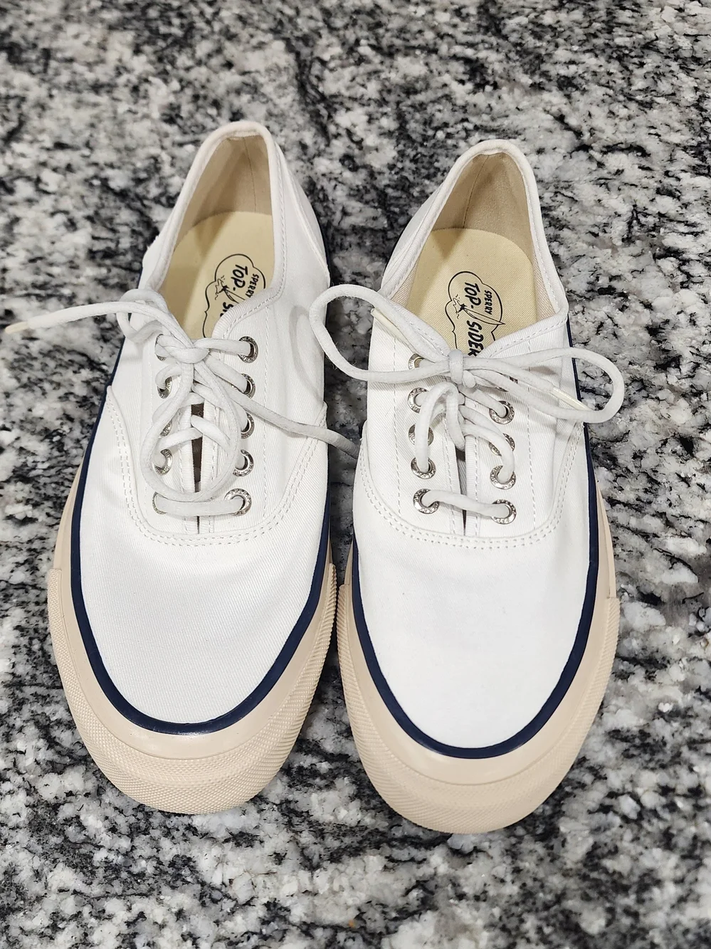 Sperry White Canvas Sneakers with Navy Trim and Cream Sole